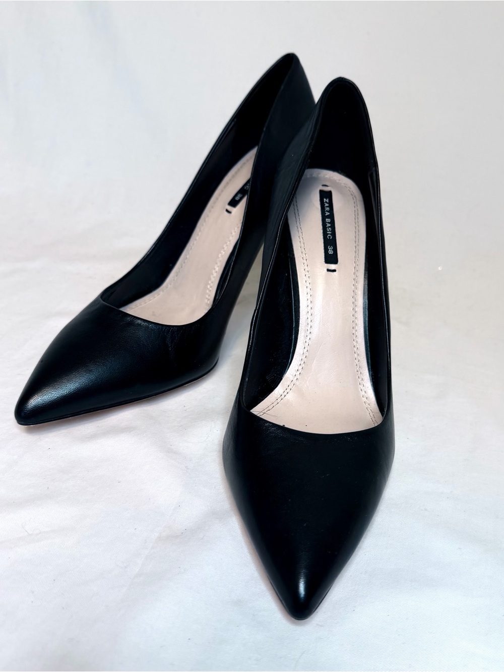 Zara Black Pointed Toe Leather Stilettos with White Heel Stripe